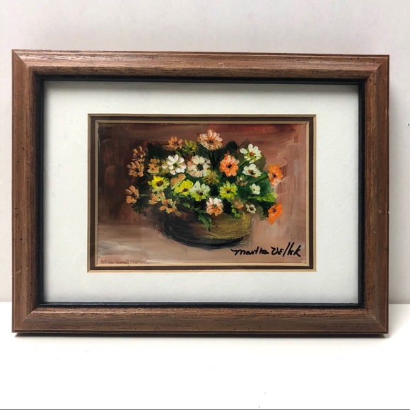 Vintage orange flowers in pot painting signed art